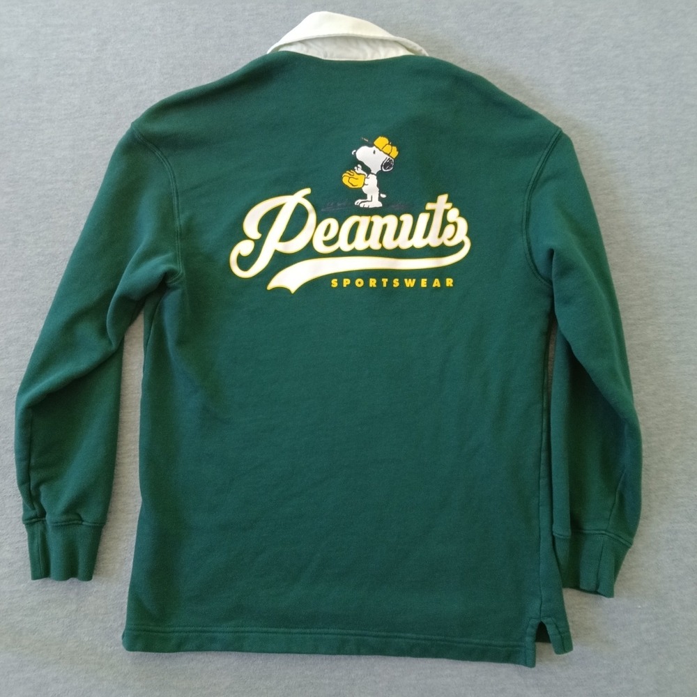 HM Peanuts Snoopy Relaxed Fit Rugby Sweatshirt Green Mens Small Baseball Graphic